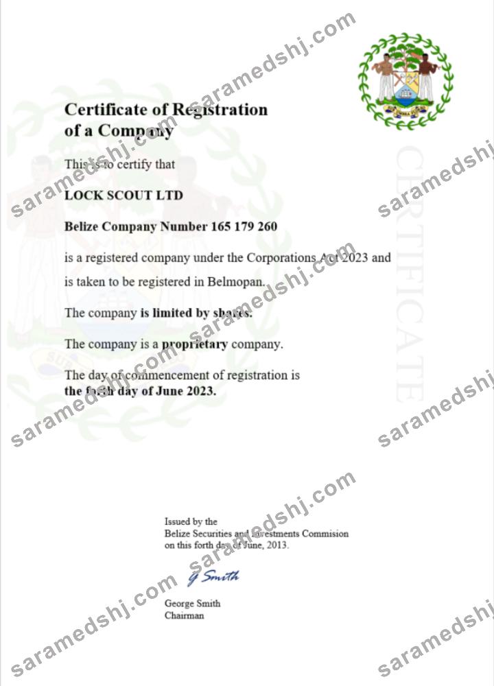 Belize certificate of registration Word and PDF template